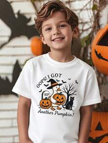 Camisetas Gráficas De Calabaza De Halloween Para Niñas Y Niños, 100 % Algodón, Ropa Para La Vuelta Al Cole, Camisetas Negras Con Cuello Redondo Y Estampado De Letras Con Sombrero De Bruja, Gato Negro Y Elementos De Jack-O'-Lantern, Lavables A Máquina, Aptas Para Deportes Al Aire Libre Y Camisetas De Verano, Regalos Para Fiestas De Halloween Y Truco O , Camiseta Infantil De Otoño De Corte Regular, Divertida Y Con Ambiente Espeluznante, Ropa Suave Y Transpirable Para Niñas Y Niños. - Blanco - Ver 2