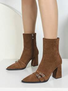 Retro Brown Pointed Leather Belt Buckle Thick Heel Elastic Autumn And Winter New Fashion Slim Boot Women's Short Boot, Commute, Office - Brown - View 2