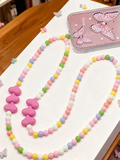 1pc New Colorful Beaded Heart Shaped Phone Lanyard, Long Versatile Phone/Bag Chain Necklace