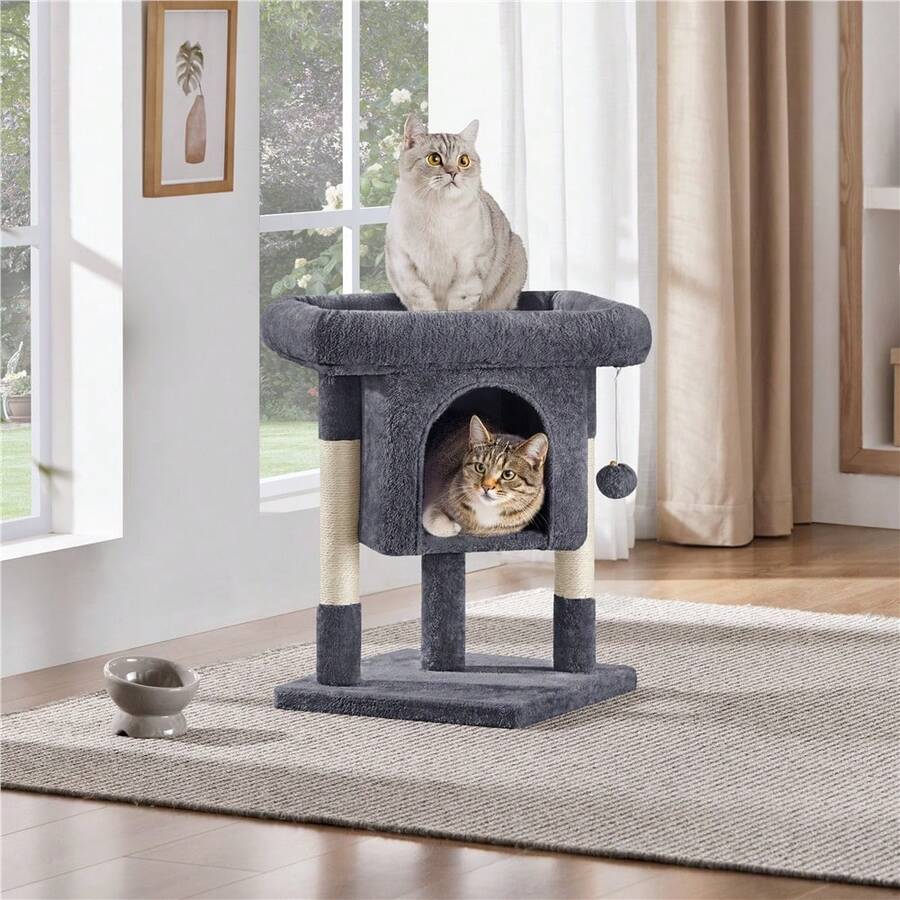 Butterslay 23.5″ 2-Level Cat Tree With Wide Top Perch & Cat Condo & Natural Sisal Scratch Posts For Small/Medium Cats - Dark Grey - View 1
