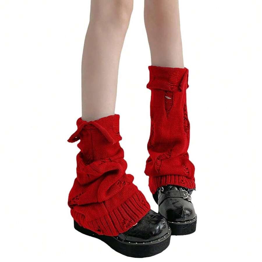 SherryDC Womens Y2k Knit Leg Warmers Harajuku Japanese Long Boot Socks Kawaii Lolita Winter Leg Cover{"Color_name":"900-Red"} - 多色9 - 查看 1