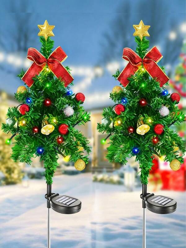 Zonne-energie kerstboomverlichting voor buiten, op zonne-energie/batterijen werkend, waterdicht voor buiten, tuindecoratie/decoratieverlichting, decoratieve kerstverlichting met meerdere kleuren flikkerende dennenbomen voor terras, gazon, pad, tuin, kerstdecoratie, zonne-energie kerstverlichting, kerst-nieuwjaarscadeau, 1/2 stuks