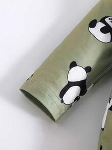 3件套可爱卡通熊猫条纹印花长袖连体衣，适合男婴，四季皆宜 - 綠色 - 查看 5