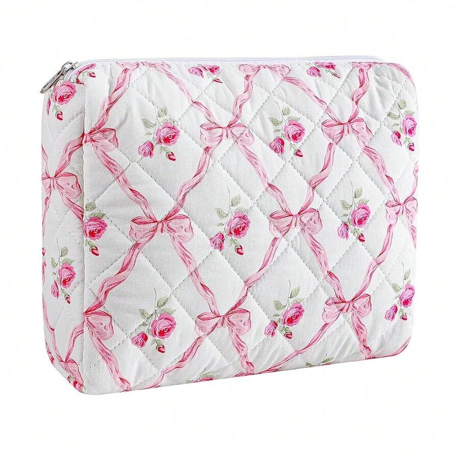 Makeup Bag Travel Cosmetic Bag For Women Girls, Zipper Make Up Pouch, Floral Flowers Toiletry Organizer Makeup, Portable Storage Cosmetic Travel Cloth Bag (L/Pink Bowknot){"Color_name":"U3Large/PinkBowknot"} - U3大/粉紅蝴蝶結 - 查看 1