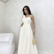 Women's Long Dress With Straps, Elegant Bow, Chic Party, Wedding, Graduation, Evangelical Fashion, Bojo - 白色 - 查看 1