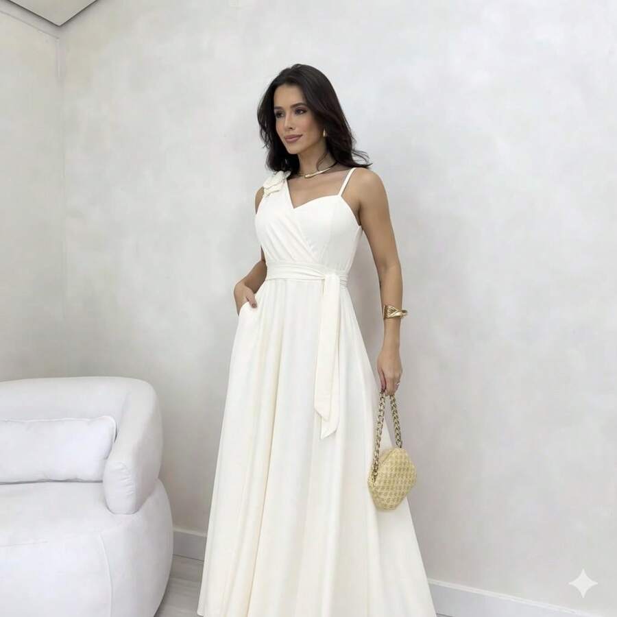 Women's Long Dress With Straps, Elegant Bow, Chic Party, Wedding, Graduation, Evangelical Fashion, Bojo - 白色 - 查看 1