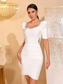 New Women's Glossy Handmade Rhinestone Bandage Square Neck Gigot Sleeve High Waist Cutout Slimming Ruffle Hem Mini Dress Party Ball Gown - White - View 4