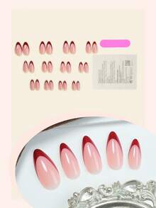24片装酒红色法式杏仁形人造指甲，中粉色和深红色法式美甲贴片套装，适合女性/女孩日常佩戴，是美甲沙龙和节日派对装饰的理想美甲用品。 - 彩色 - 查看 2