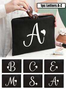 1pc Black Large-Capacity Cosmetic Bag, Printed With White Artistic Letters A-Z And A Heart Pattern,Hot-Selling Fashion Item Suitable For Travel, Toiletry, Multi-Functional Storage, Jewelry Storage, Coin Purse, Headphone Bag, Digital Storage Bag,Christmas Gifts,Pouch,Travel,Gifts For Women,Women's Necessaire,Travel Essential,Pouch,Clutch / Small Handbag,Necessaire,Makeup Organizer,Makeup Organize,Pouch,Brush Holder,Mini Pouch,Large Capacity Pouch