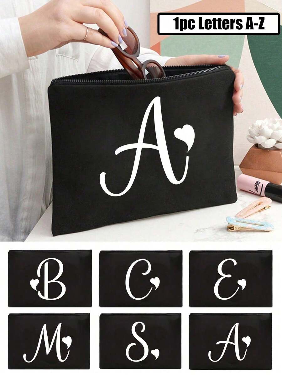1pc Black Large-Capacity Cosmetic Bag, Printed With White Artistic Letters A-Z And A Heart Pattern,Hot-Selling Fashion Item Suitable For Travel, Toiletry, Multi-Functional Storage, Jewelry Storage, Coin Purse, Headphone Bag, Digital Storage Bag,Christmas Gifts,Pouch,Travel,Gifts For Women,Women's Necessaire,Travel Essential,Pouch,Clutch / Small Handbag,Necessaire,Makeup Organizer,Makeup Organize,Pouch,Brush Holder,Mini Pouch,Large Capacity Pouch
