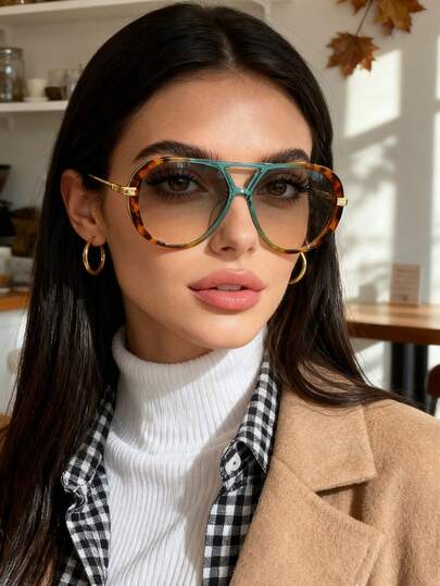 1 par de gafas de moda con montura de metal extra grande para mujer, color carey, estilo europeo y americano, adecuado para combinar en otoño/invierno, diseño versátil, montura de aviador carey para gafas de moda de mujer