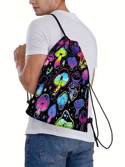1 Colorful Mushroom Pattern Drawstring Backpack, Simple And Lightweight Student Backpack, Multi-Purpose Homework Storage Bag, Suitable For School Students, Fitness Outdoor Sports Travel, Multi-Purpose Backpack, Drawstring Bag