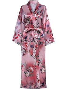 DandyChic Women's Long Floral Satin Robes Imitation Silk Sleepwear Bridal Dressing Gown For Bridesmaid Nightgownhalloween - 深粉紅色花 - 查看 10