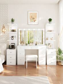 VOWNER 13.8" Narrow Dresser Sideboard With Power Outlet, Simple Display Cabinet With Glass Top, LED Light, 3 Drawers & Shelves, Tall Shelves Cabinet For Bedroom, Gifts For  Halloween Thanksgiving - White - View 3