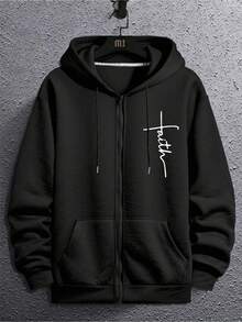 Men's Autumn Winter Casual Letter Print Flannel Zip Up Hoodie - 黑色 - 查看 1