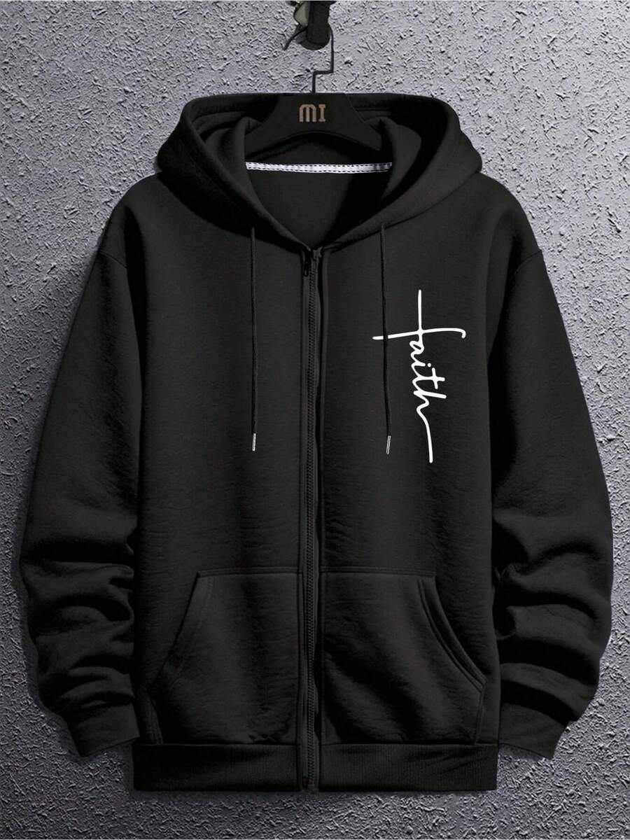 Men's Autumn Winter Casual Letter Print Flannel Zip Up Hoodie - 黑色 - 查看 1