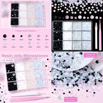 White Black Resin Jelly Rhinestones 12 Pack 35mm Round Plastic Craft Bead AB Crystal Gems For Nails DIY Jewelry Party Favors