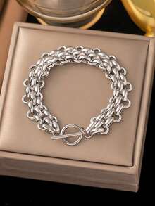 2pcs/Set Stainless Steel Personalized Hip-Hop Exaggerate Thick Chain Necklace + Bracelet Jewelry Set, Suitable For Daily Wear, Festival Gift - Yellow Gold - View 6