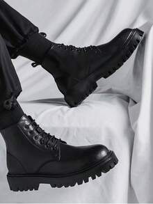 Boots Men's High Top Spring And Autumn British Style Retro Mid-Top Leather Shoes Heightened Black Leather Boots - 黑色 - 查看 9
