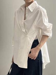 Women's Casual Loose Turndown Collar Long Sleeve Design Oblique Placket Shirt, Woven Fabric, Suitable For Casual, Office, Daily, Airport Wear, Spring & Autumn White - White - View 6