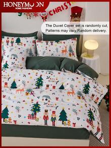 Juego de funda nórdica con estampado de árbol de Navidad y renos (1 funda nórdica + 1/2 funda de almohada, sin relleno), decoración navideña elegante, funda de cama esencial para dormitorio y residencia, certificado Oeko-Tex