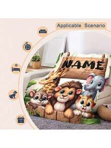 1 Peça Manta Flanelada Personalizável com Nome Hipoalergênica e Lavável em Máquina com Tema de Zoológico de Animais - Capa de Minky com Desenho de Elefante, Leão, Macaco e Girafa - Edredom Leve para Todas as Estações para Piquenique, Viagem e Soneca