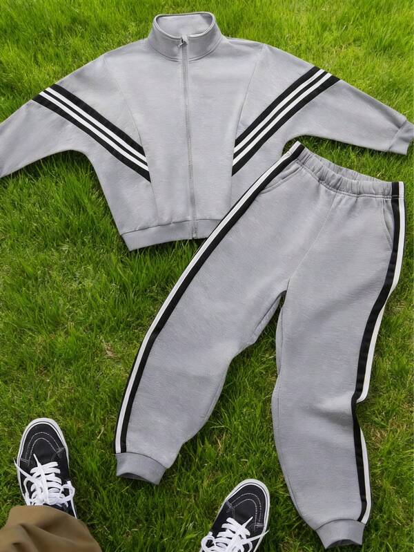 2 Stück/Set Sportoutfit für Jungen, minimalistischer gestreifter Patchwork Jacke mit gerippten Bündchen und Zugbandshose, Herbst/Winter