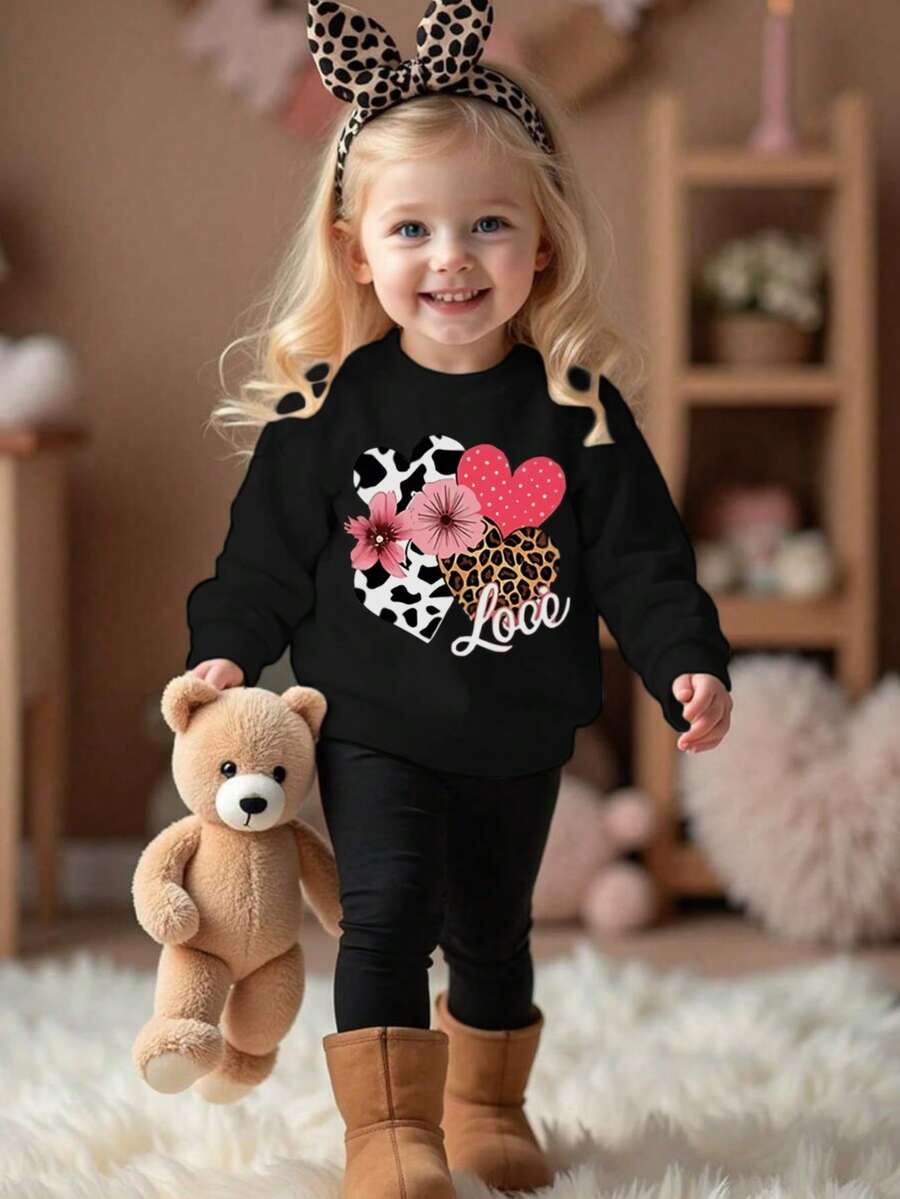 1 件幼儿女童休闲豹纹心形印花圆领套头衫，秋冬 - 黑色 - 查看 1