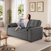 Convertible Sofa Bed Futon, Queen Size Sleeper Loveseat With Pull Out Couch, 3 In 1 Linen Fabric Futon Couch With Side Pockets, Storage Armrest & Adjustable Backrest For Living Room, Dark Grey,23116340 - 深灰色 - 查看 2