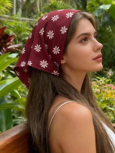 1Pc Vintage Daisy Kerchief Trio - Blush Pink, Wine Red & Khaki Triangle Scarves With Adjustable Bow Ties For Women's Bohemian Style, Spring Picnic Hair Accessories Headbands For Women Warm Hair Bands Women Bandanas Women Scarf