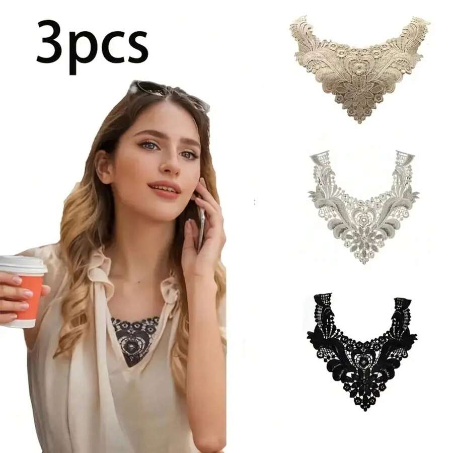 3 Pieces Elegant Water-Soluble Embroidered Lace Collar Set - Floral And Lace Design, Black/Beige, Shirt, Jacket (Hand Wash Only), Sewing Supplies Accessories - 3 Mixed Colors - View 1