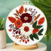 1 Set Floral Cross Stitch Kit, Includes Peony, Tulip, Daisy Patterns, 11CT For Beginners, With Embroidery Frame, Scissors, Threader, Ripper, Fabric, Thread, Home Decor Creative Gift