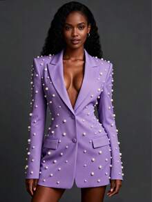 Magic Mia Elegant Women's Long Pearl Embellished Lapel Blazer Long Sleeve Plain Polyester Outerwear - 紫色 - 查看 2