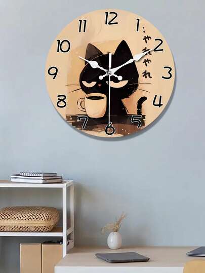 1Pc 10/12Inch Japanese Schattige Zwart Cat Large Wooden Wand Klok Battery Powered, Circular Silent Lazy Clock, ating Aesthetic Rooms, Living Bedrooms, Homes, Kitchens, Coffee Shops, Ideal Holiday (No Battery) view 4