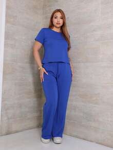 Women's Set Of Wide Leg Pants And Comfortable Sweatshirt Top Summer - 寶藍色 - 查看 2