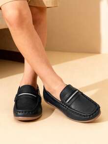 2025新款英伦风儿童休闲百搭软底一脚蹬乐福鞋，带编织带 - 黑色 - 查看 3