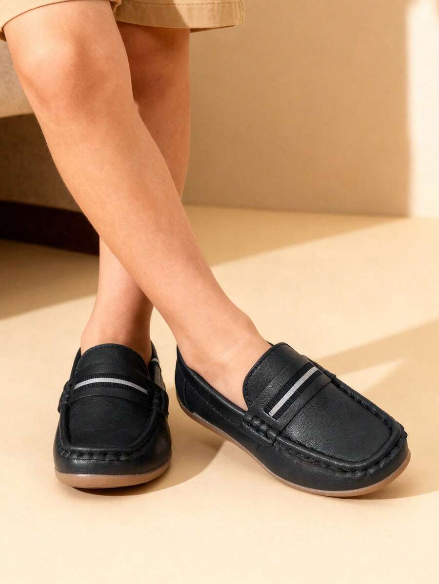 2025 New British Style Kids Casual Versatile Soft Bottom Slip-On Loafers With Woven Strap - Black - View 1