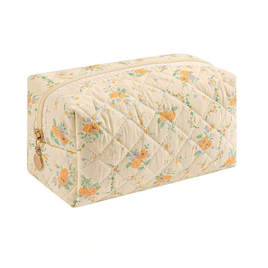 Makeup Bag Travel Cosmetic Bag For Women Girls, Zipper Make Up Pouch, Floral Flowers Toiletry Organizer Makeup, Portable Storage Bag, Cosmetic Travel Cloth Bag (Yellow Orange Flower){"Color_name":"B5YellowOrangeFlower"} - B5黃橙花 - 查看 1