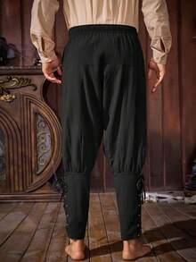 Mens Halloween Pirate Pants Medieval Viking Lace Up Cotton Trousers Renaissance Costume Outfits - Black - View 5