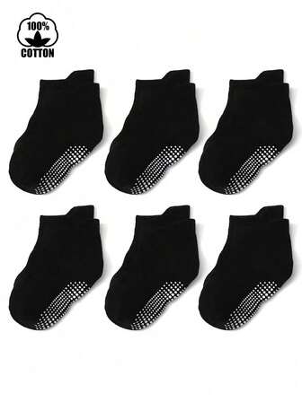 6 Pairs Kids Cotton Anti-Slip Ankle Socks, Toddler Solid Color Dot Grip Floor Socks