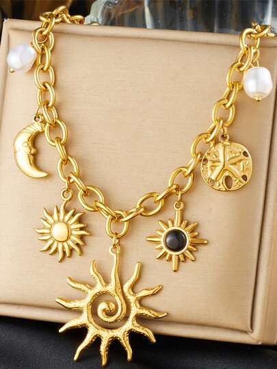 1 pieza Collar colgante de mujer vintage de acero inoxidable bañado en oro de 18 quilates con gemas negras de sol y luna