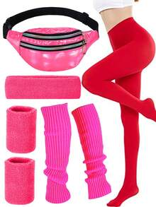 D EXCEED 1/2/4/5件套80年代女士运动套装，包括荧光腿套、头带、腕带、半透明纯色连裤袜和腰包，80年代瑜伽跑步配饰，80年代主题派对及户外运动装备 - 彩色 - 查看 18
