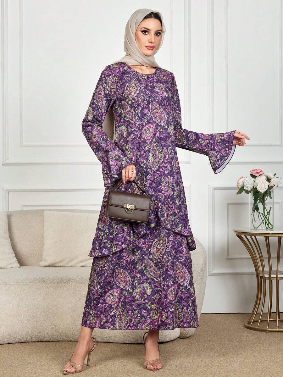 Spring Women's Floral Allover Print Boho Long Sleeve Maxi Dress 2025 New Year Fashionable Loose Fall Dresses Belted Vacation Casual Long Dresses Elegant Party Beach Graduation Chic Evening Dress