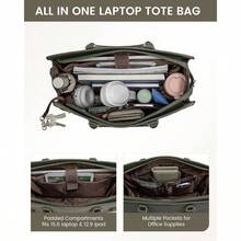 Laptop Bag Women 15.6 Inch Work Tote, Business Computer Briefcase, Waterproof PU Leather Tote Bag Teacher, Office Shoulder Tote Purse - 15,6 inch + Xanh lá đậm-Xanh lá nhạt-màu be - Xem 3