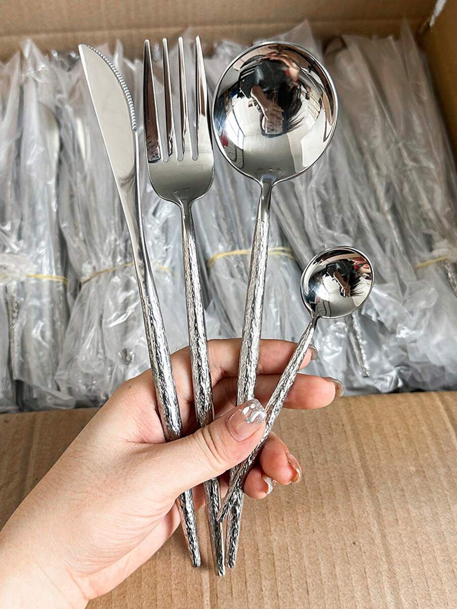 Bộ 4/24 bộ dao kéo bằng thép không gỉ thiết kế búa, bao gồm nĩa, dao, thìa, máy rửa chén, thích hợp cho gia đình, nhà hàng, khách sạn, tiệc tùng, đám cưới - Bạc - Xem 1