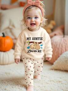 1pc Baby Girl Casual Cartoon Animal And Slogan Graphic Crew Neck Pullover Sweatshirt, Autumn/Winter - Apricot - View 5