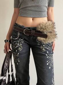 1pc Women's Coffee Color PU Leather Punk Style Double Row Rivet Decor Belt, Versatile Waist Band - Coffee - View 4