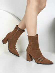 Retro Brown Pointed Leather Belt Buckle Thick Heel Elastic Autumn And Winter New Fashion Slim Boot Women's Short Boot, Commute, Office - Brown - View 7