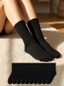 10/5 双女士中筒袜简约纯黑色休闲时尚情侣中筒袜，秋冬 - 彩色 - 查看 2