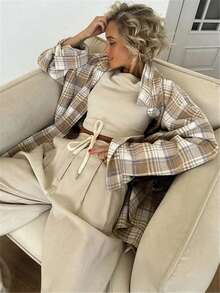 外出优雅休闲漂亮年轻宽松格子开衫纽扣长袖女衬衫上衣秋冬/万圣节/感恩节 - 杏色 - 查看 3